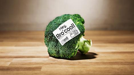 Etikket mit aufschrift "Hey, Bro'cool!" auf einem Broccoli